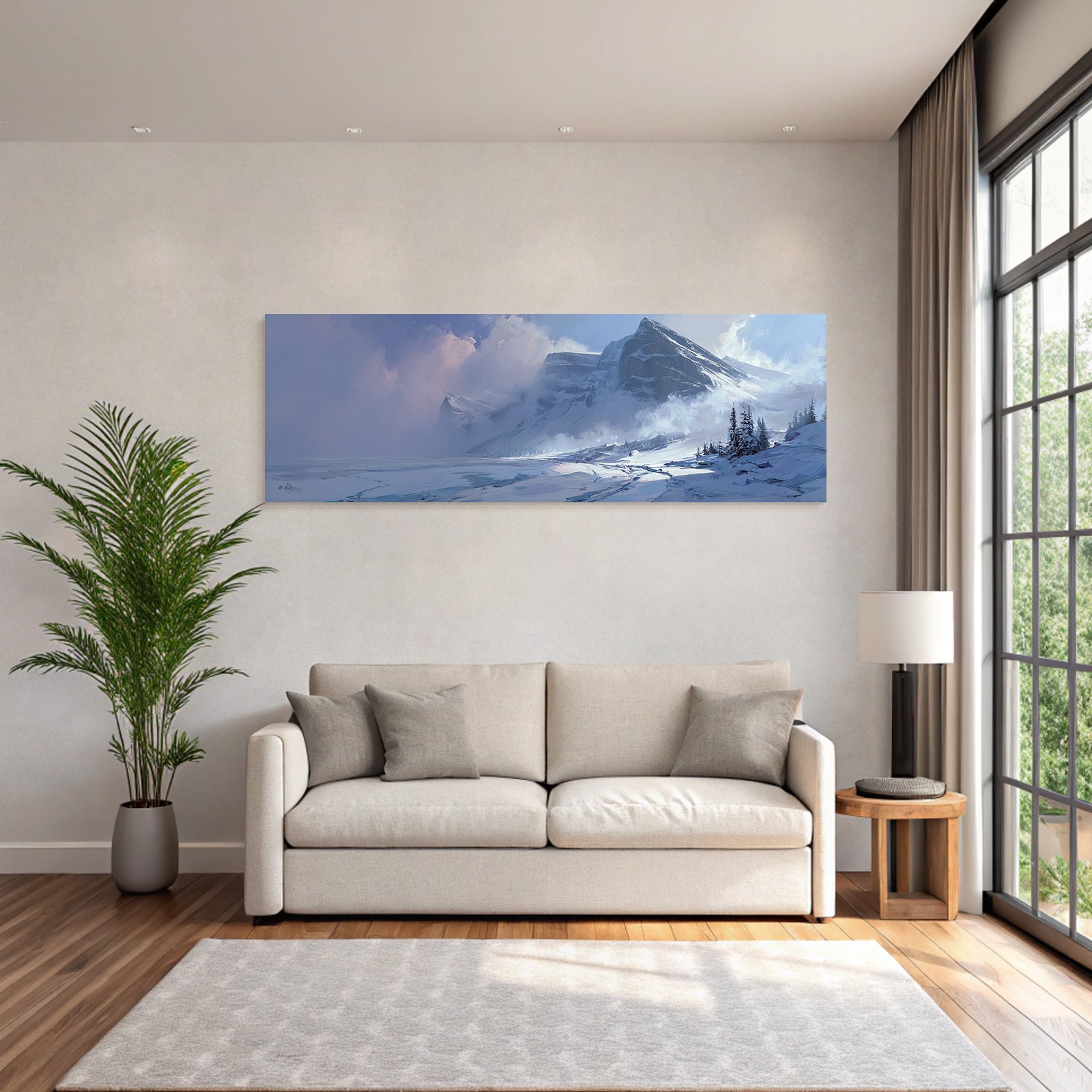 Winter snow landscape with mountains, frozen water and trees
