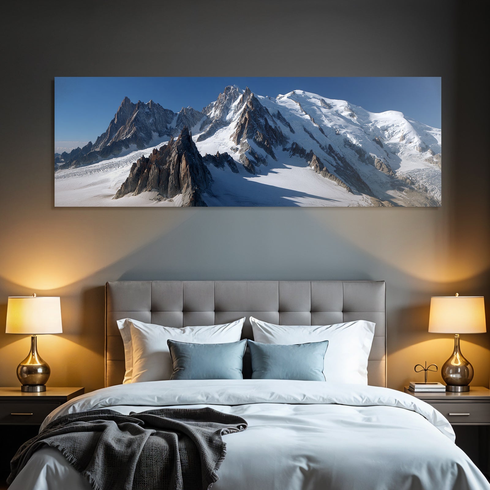 Winter view of snow-capped mountains with glaciers and rocks