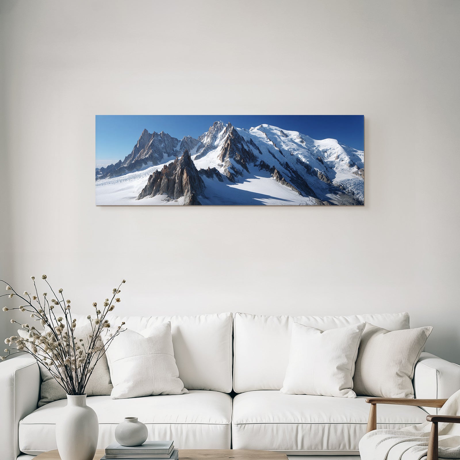 Winter view of snow-capped mountains with glaciers and rocks
