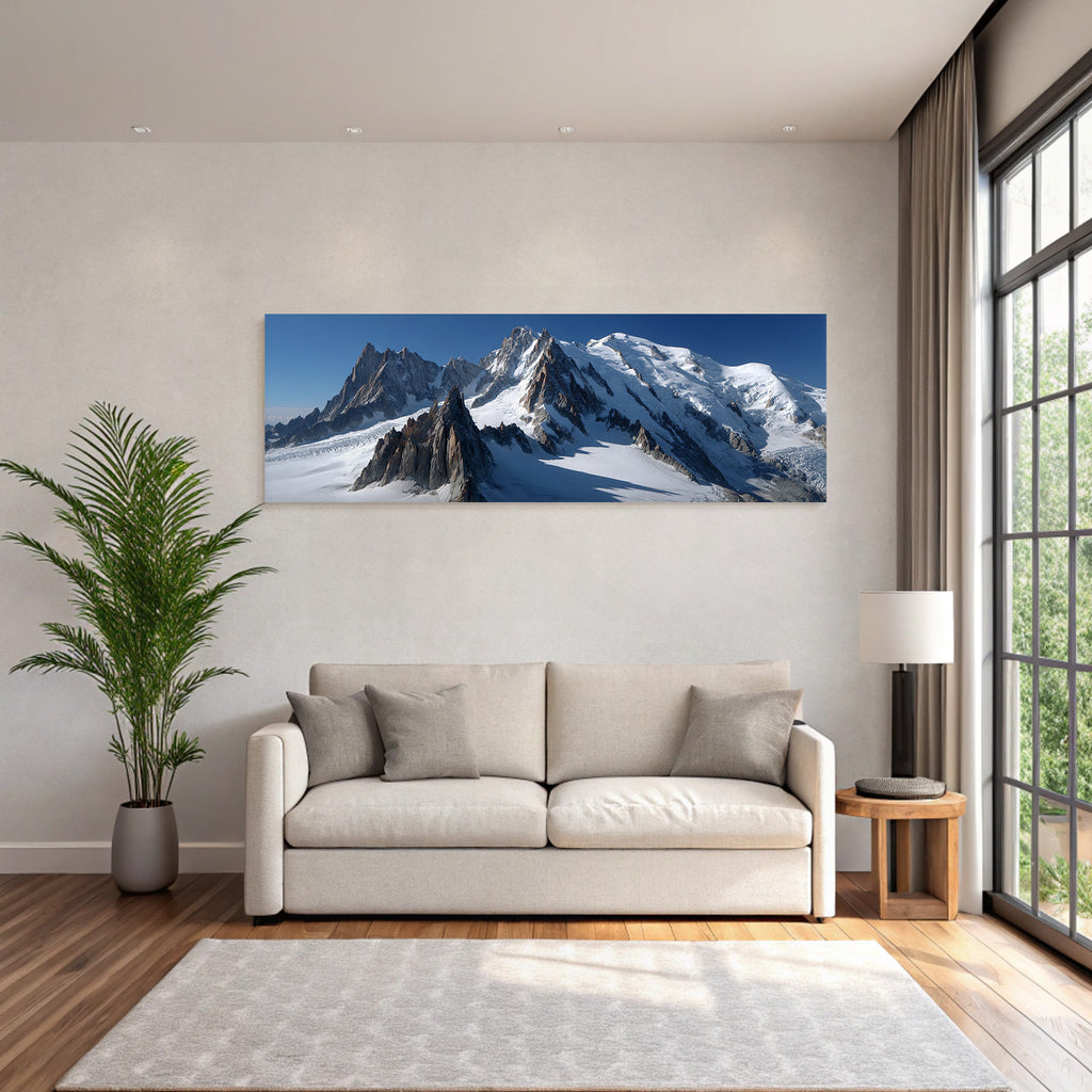 Winter view of snow-capped mountains with glaciers and rocks