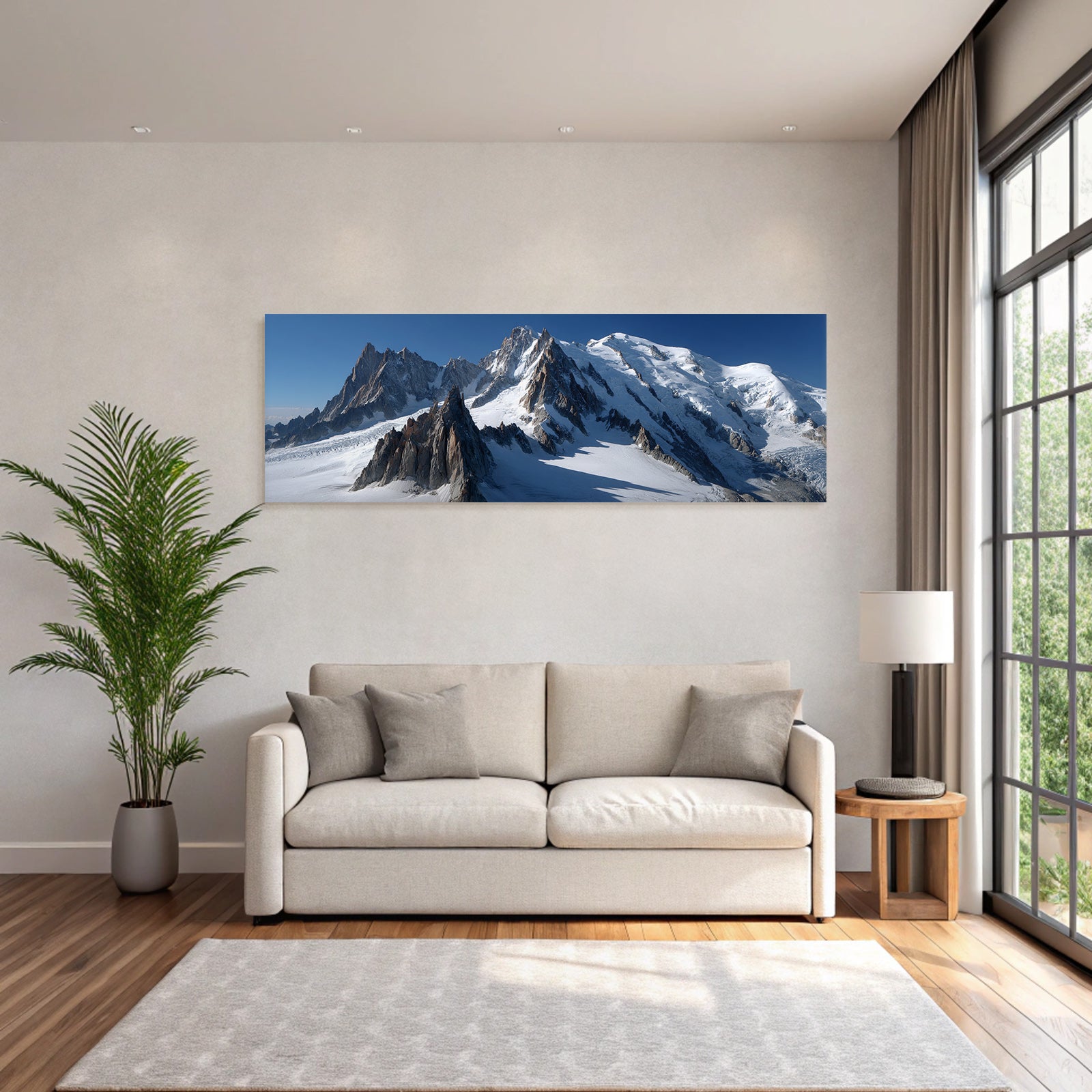 Winter view of snow-capped mountains with glaciers and rocks