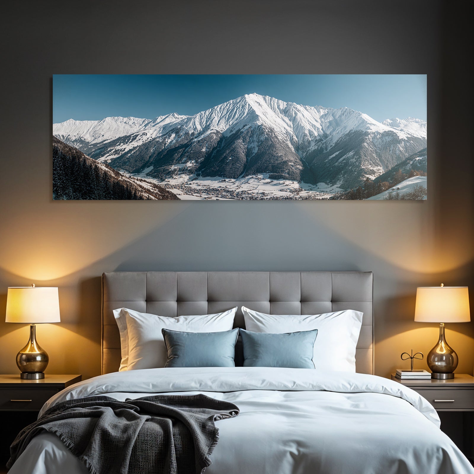 Winter of snow-capped mountains with village in the valley