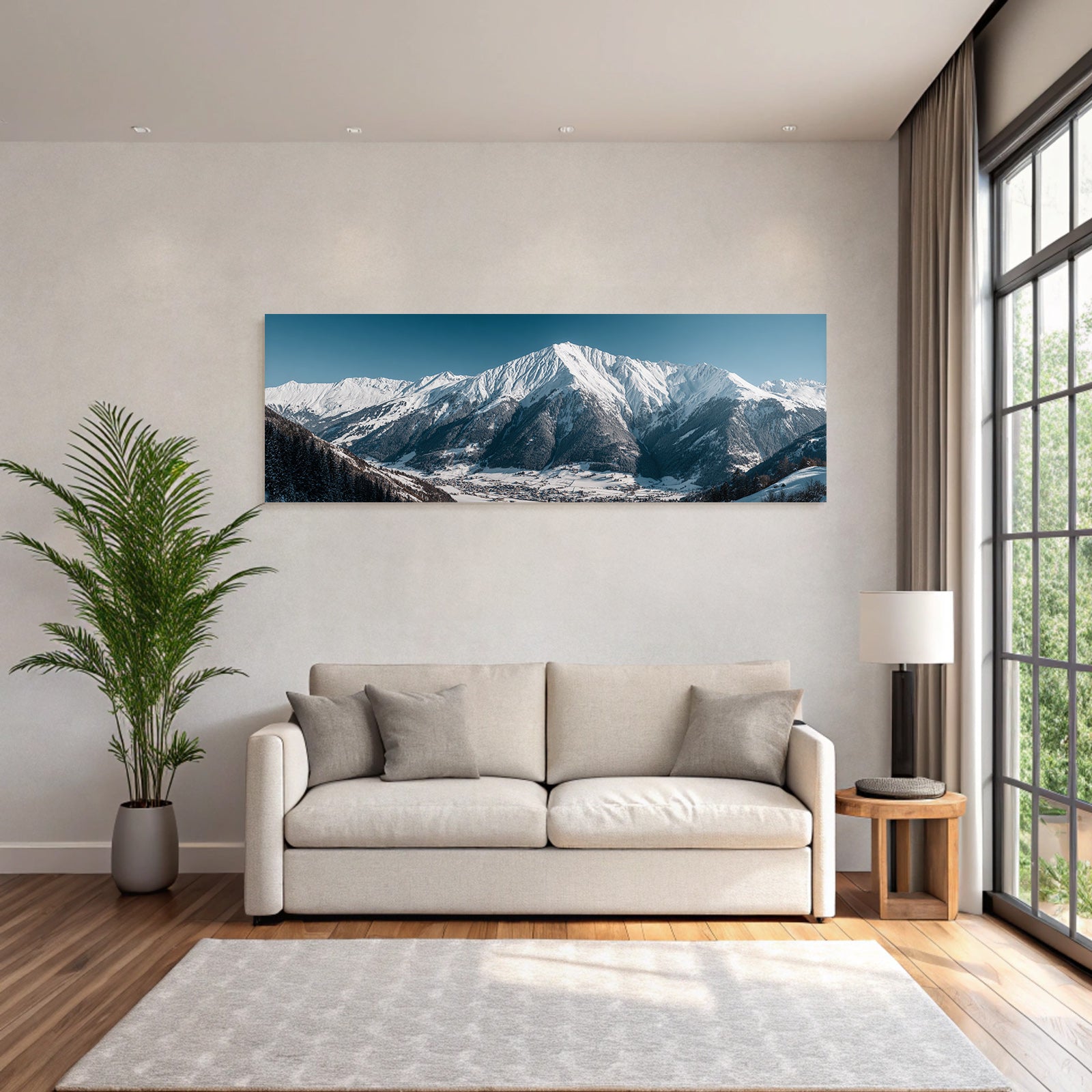 Winter of snow-capped mountains with village in the valley