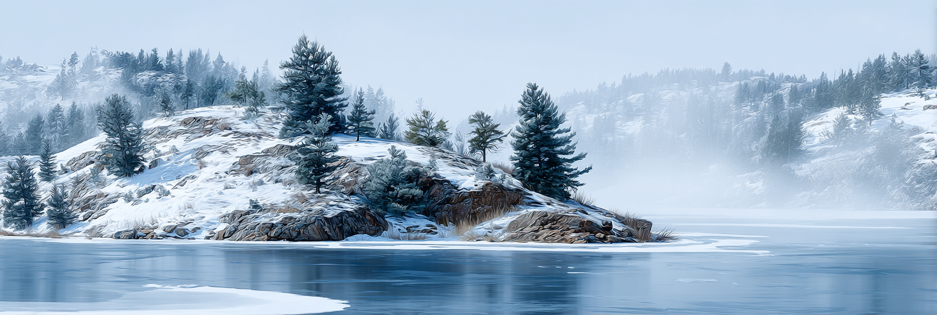 Winter Winterlandschaft Frostiger See Schneebedeckte Hügel Kiefern | Winterlandschaften | Landschaften