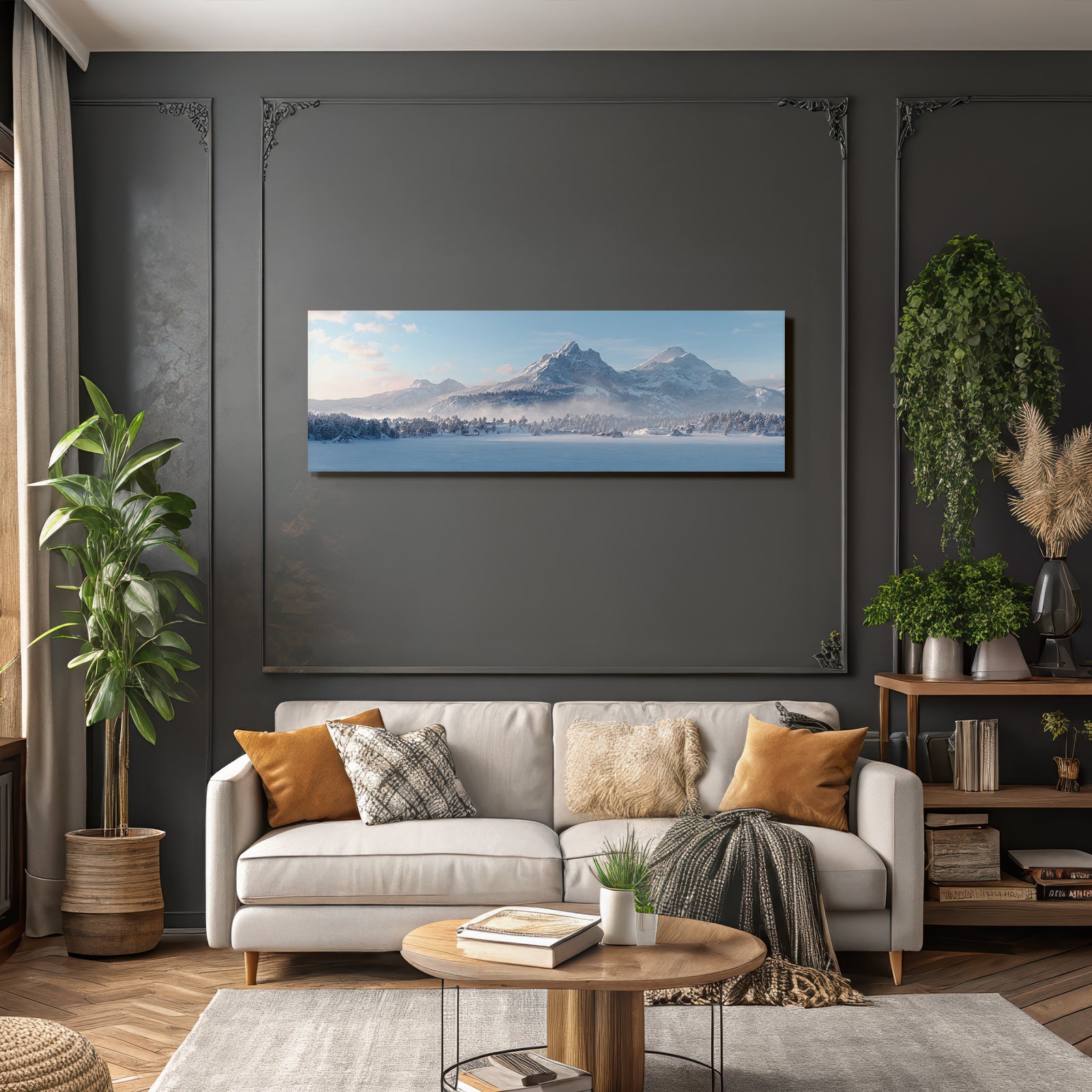 Winter landscape with snow-capped mountains and forest under blue sky
