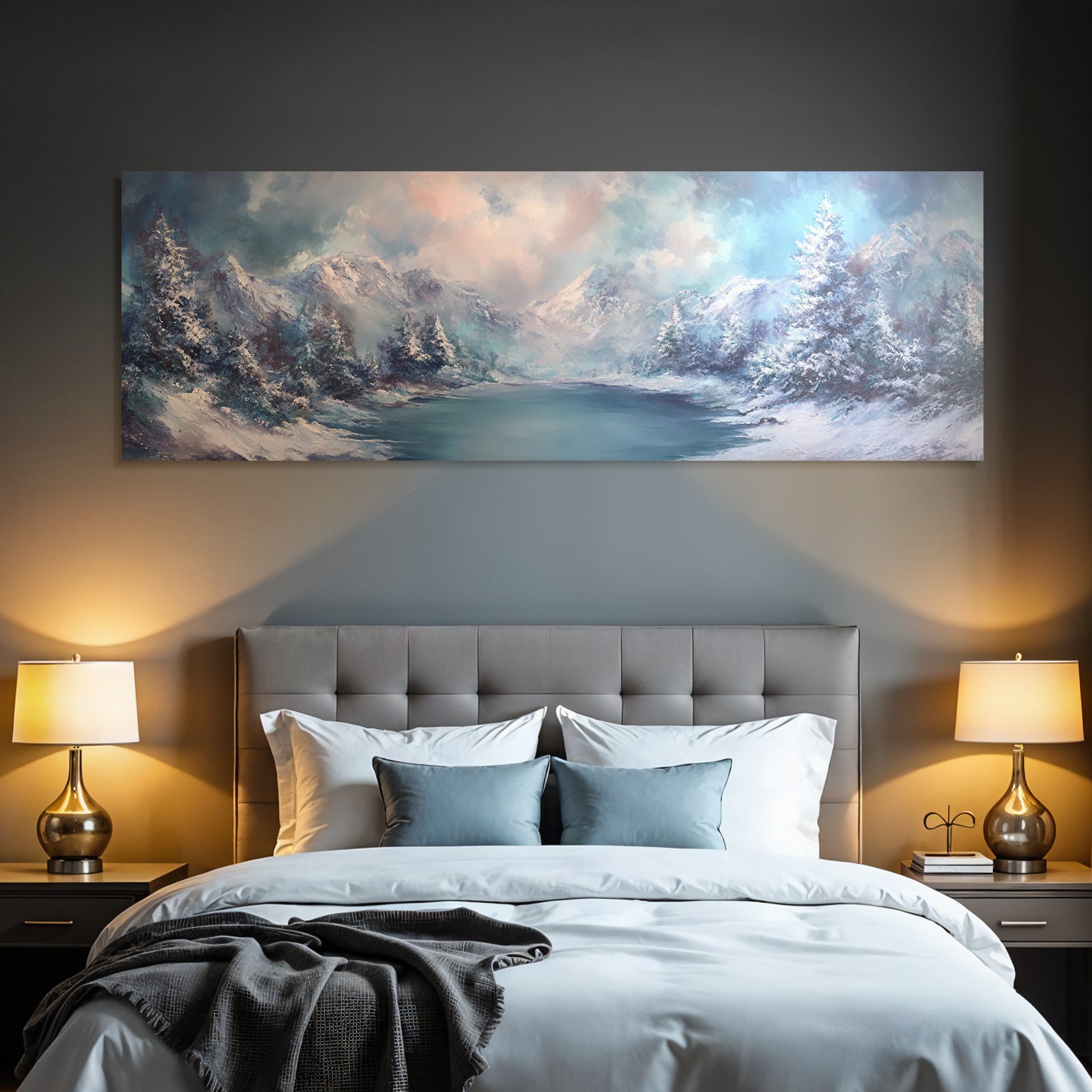 Winter landscape with snow-capped mountains and calm water
