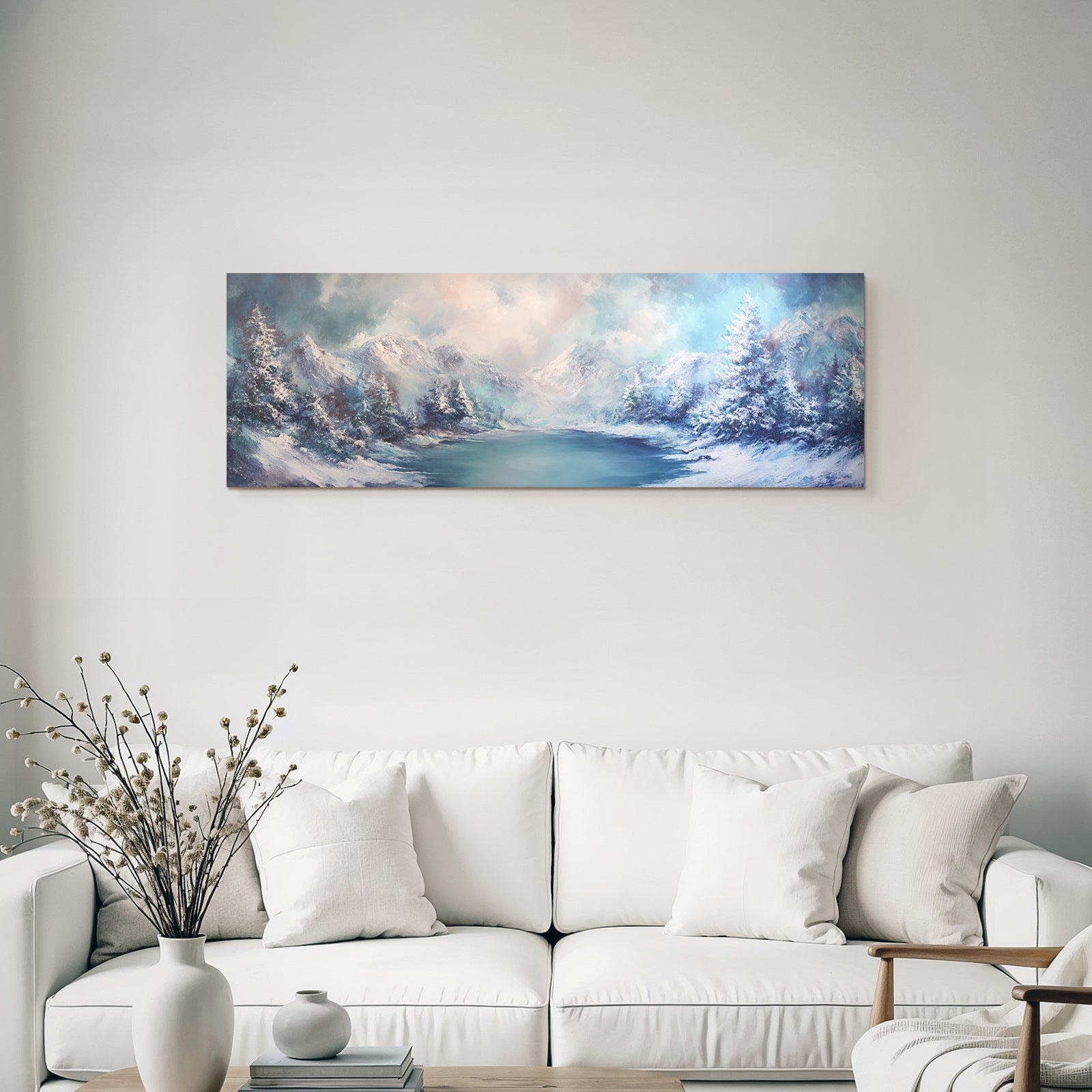 Winter landscape with snow-capped mountains and calm water