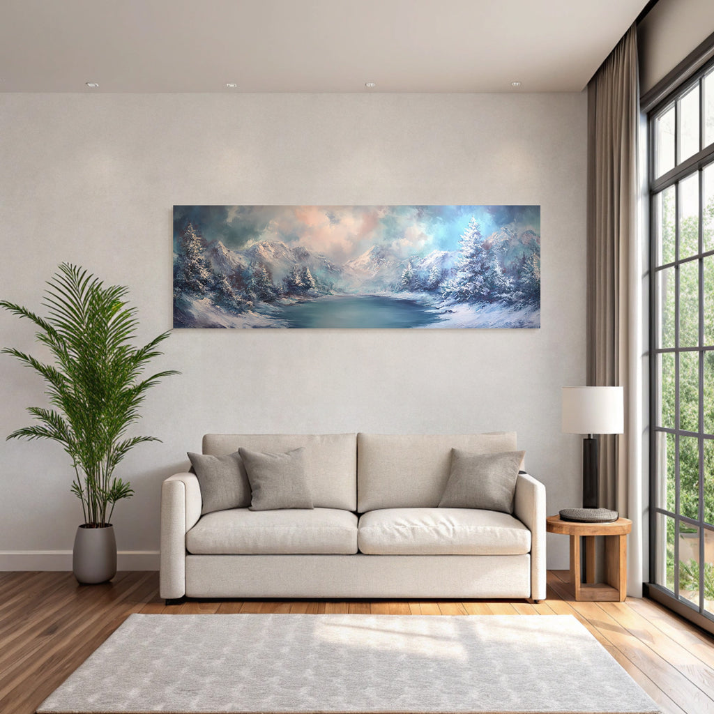 Winter landscape with snow-capped mountains and calm water