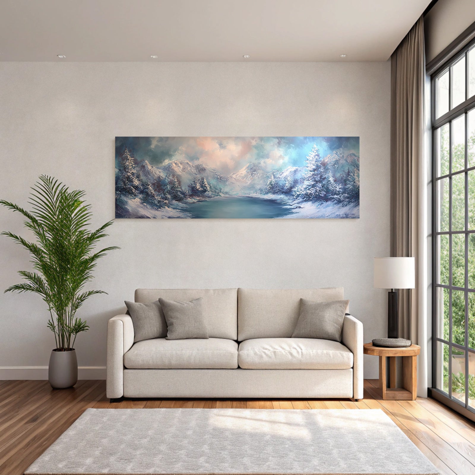 Winter landscape with snow-capped mountains and calm water