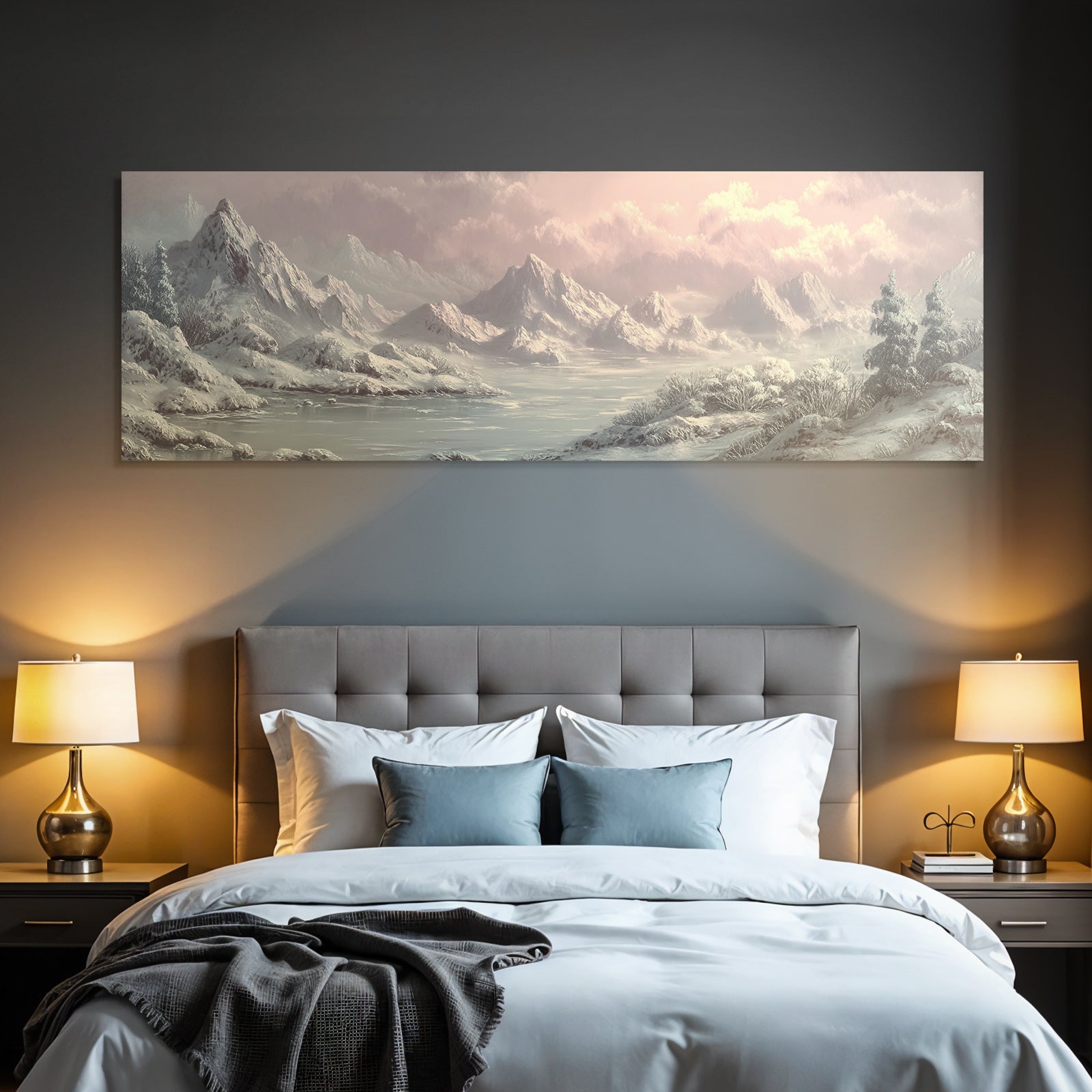 Winter landscape with snow mountains, frozen lake and sky