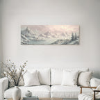 Winter landscape with snow mountains, frozen lake and sky