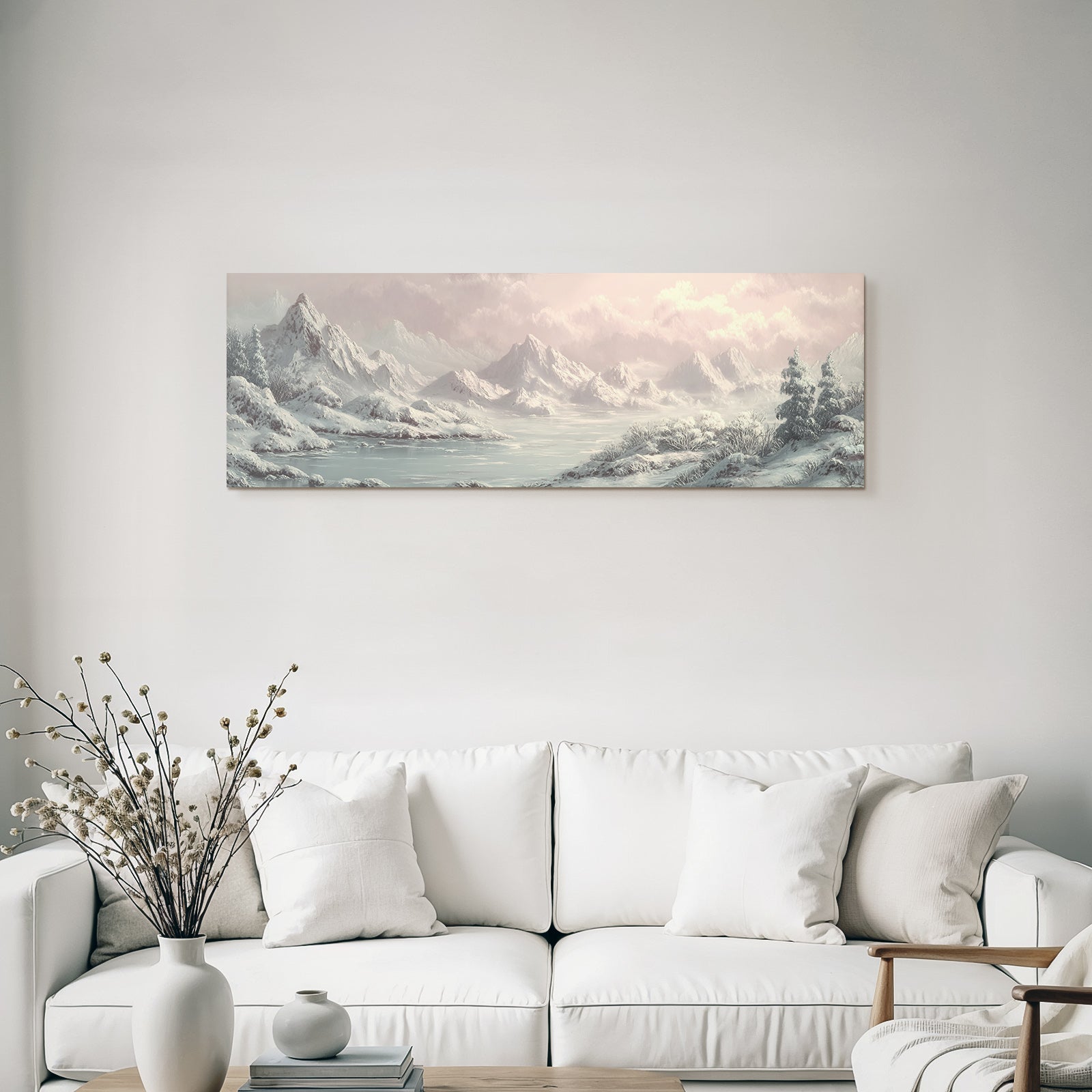 Winter landscape with snow mountains, frozen lake and sky