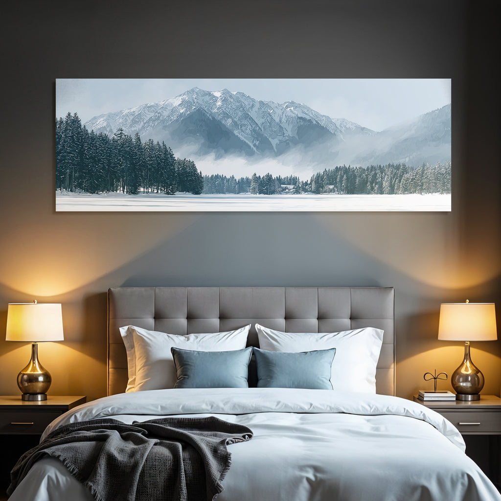 Winter landscape with snowy mountains and evergreen trees