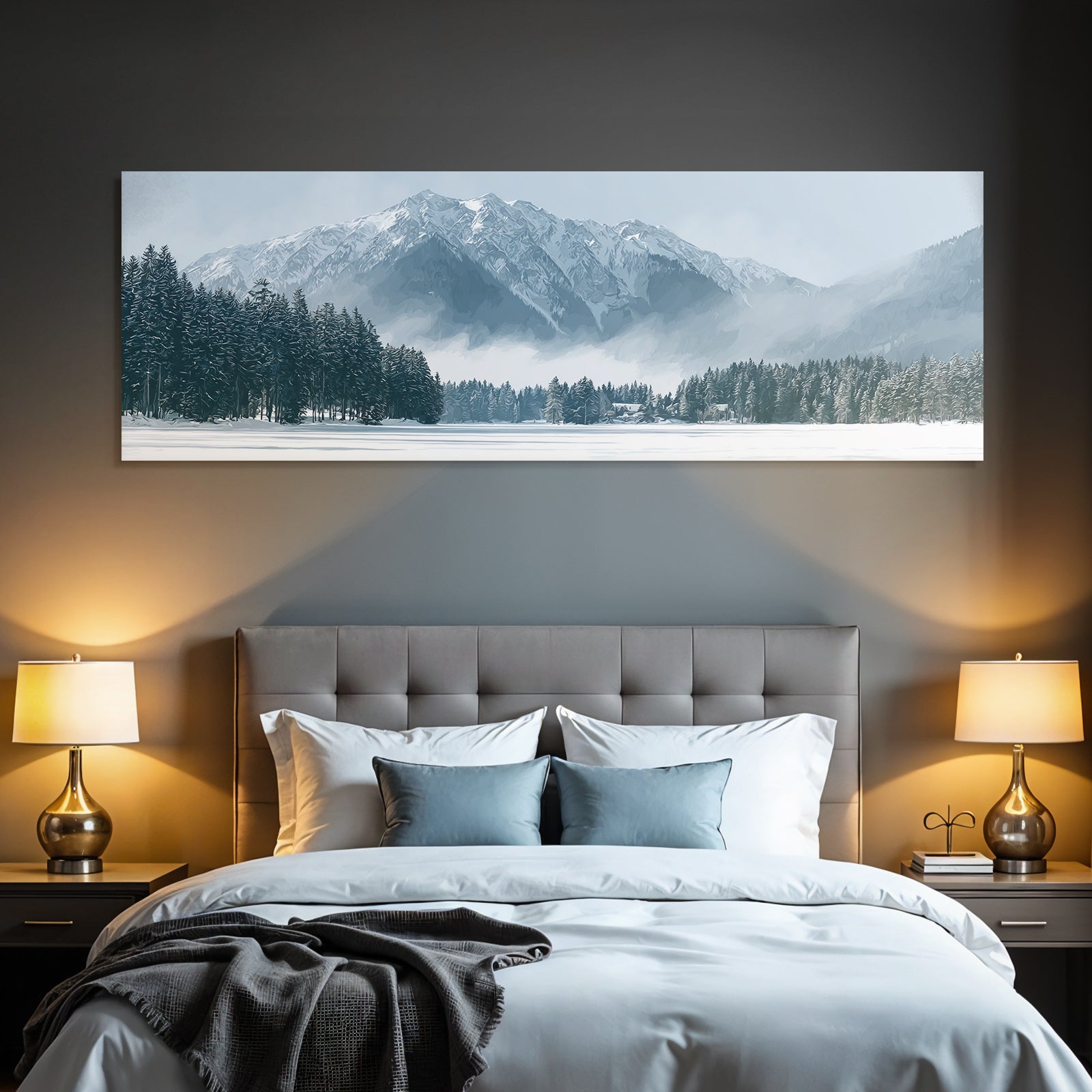 Winter landscape with snowy mountains and evergreen trees