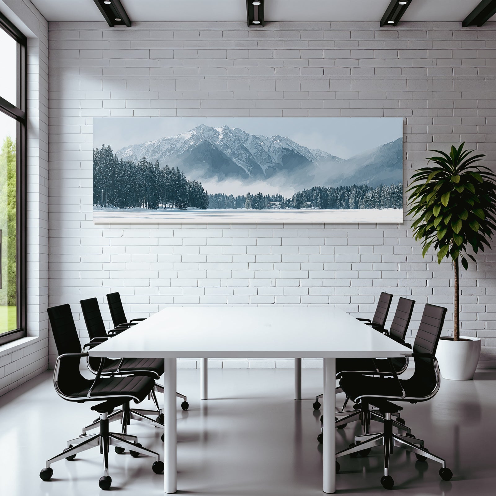 Winter landscape with snowy mountains and evergreen trees