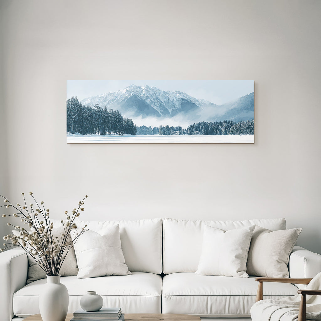 Winter landscape with snowy mountains and evergreen trees