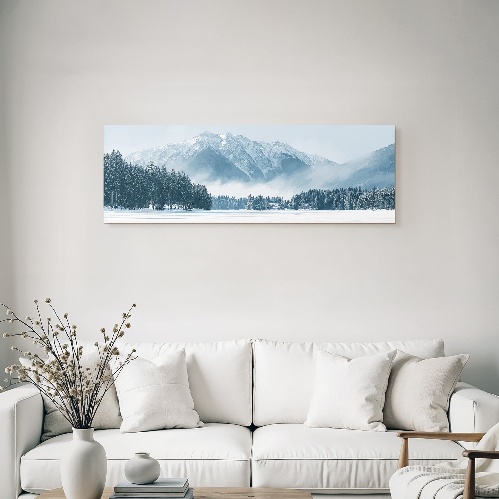 Winter landscape with snowy mountains and evergreen trees