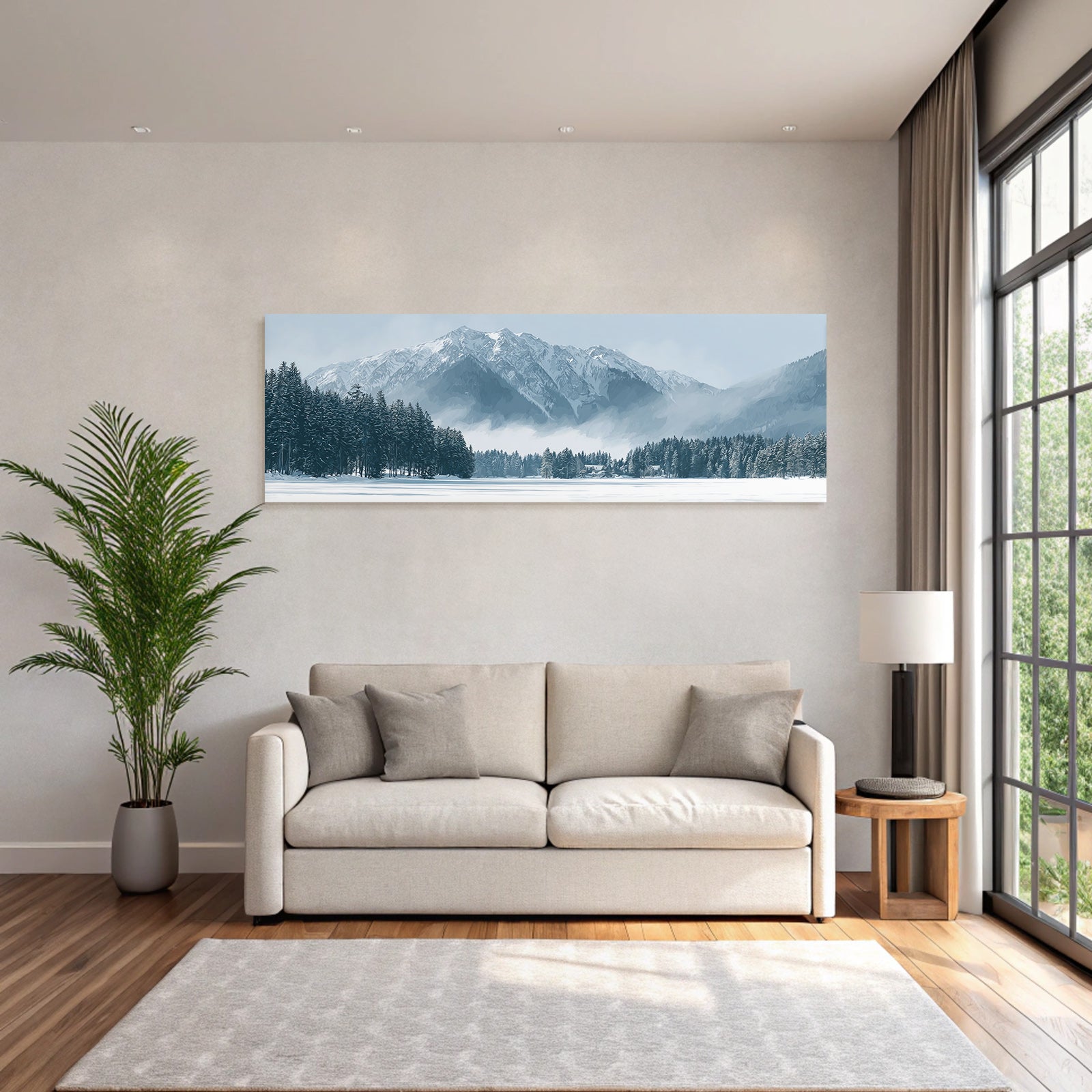 Winter landscape with snowy mountains and evergreen trees