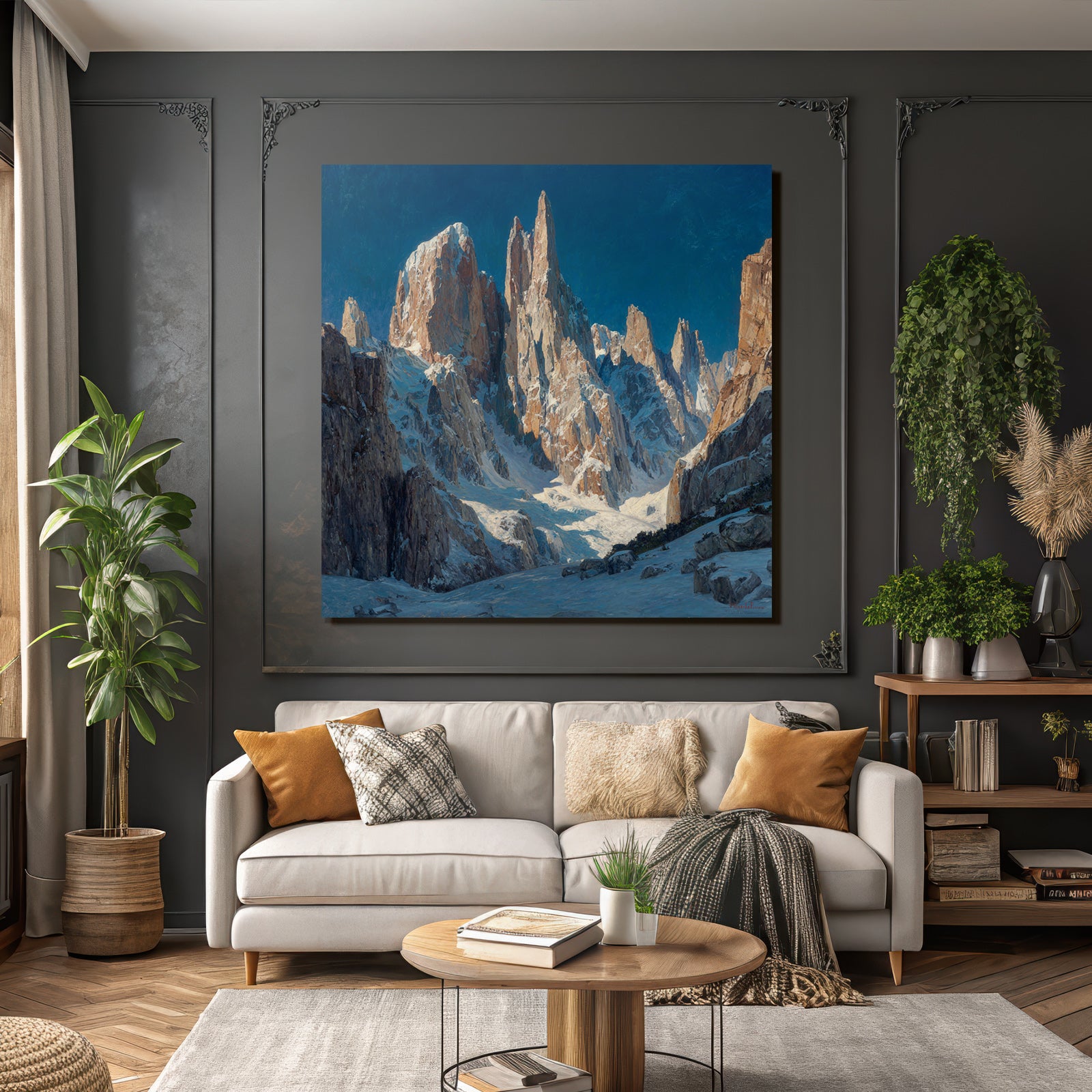 Winter mountain landscape with snow and blue sky