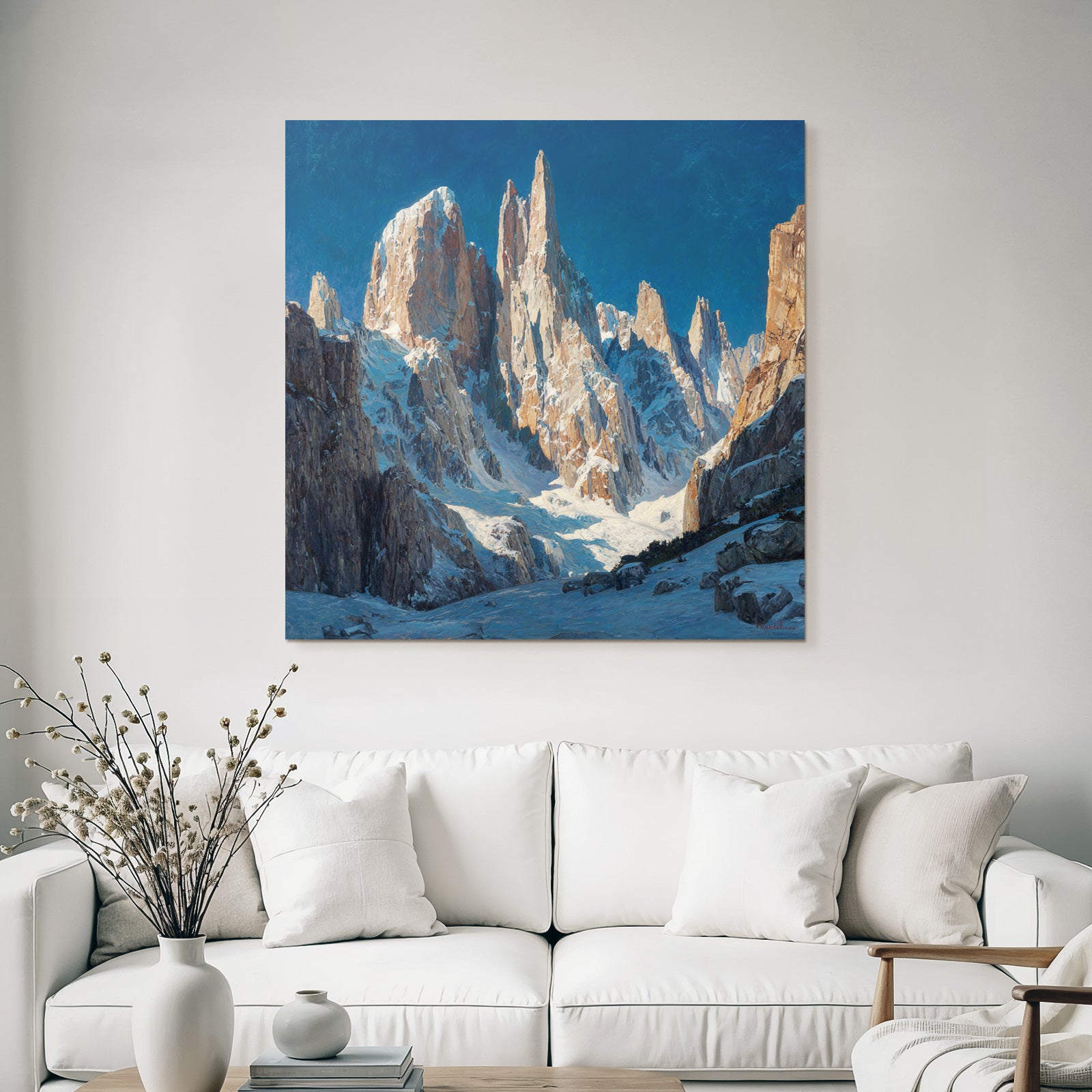 Winter mountain landscape with snow and blue sky