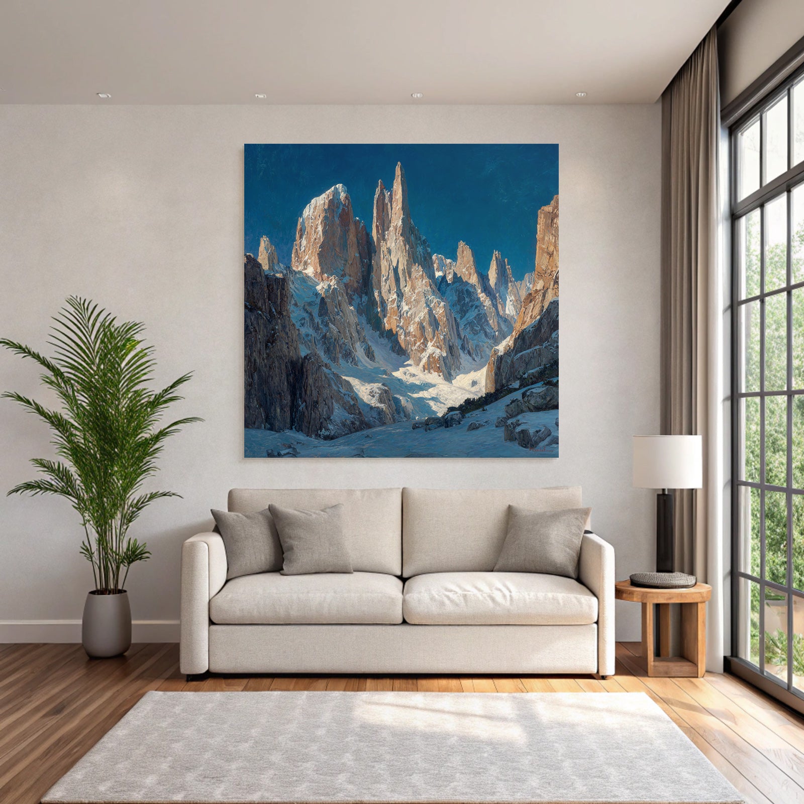 Winter mountain landscape with snow and blue sky