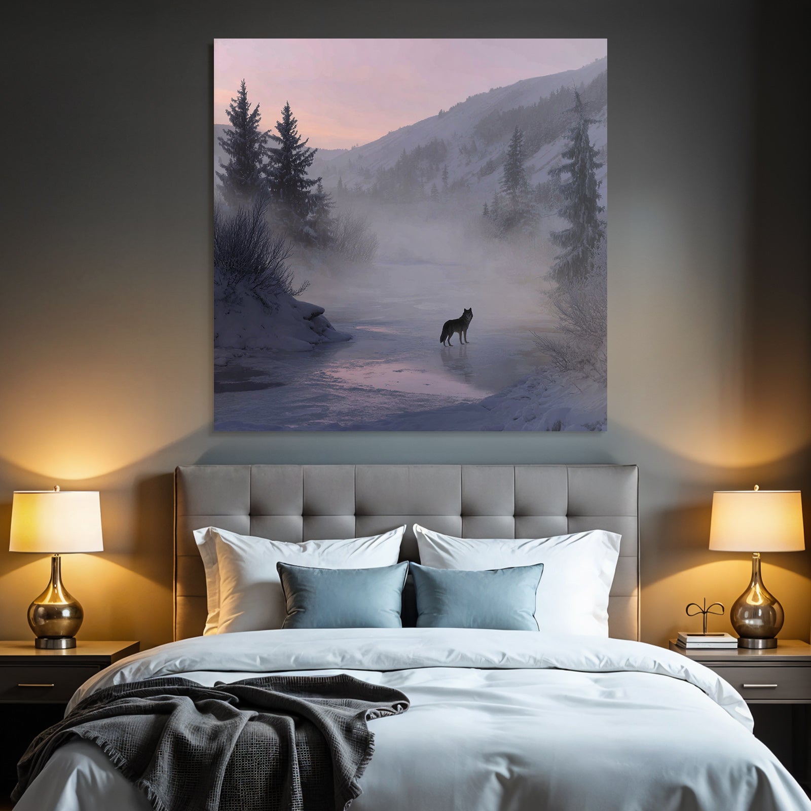 Winter Lone Wolf In Winter Landscape With Misty Mountains And Pine Trees