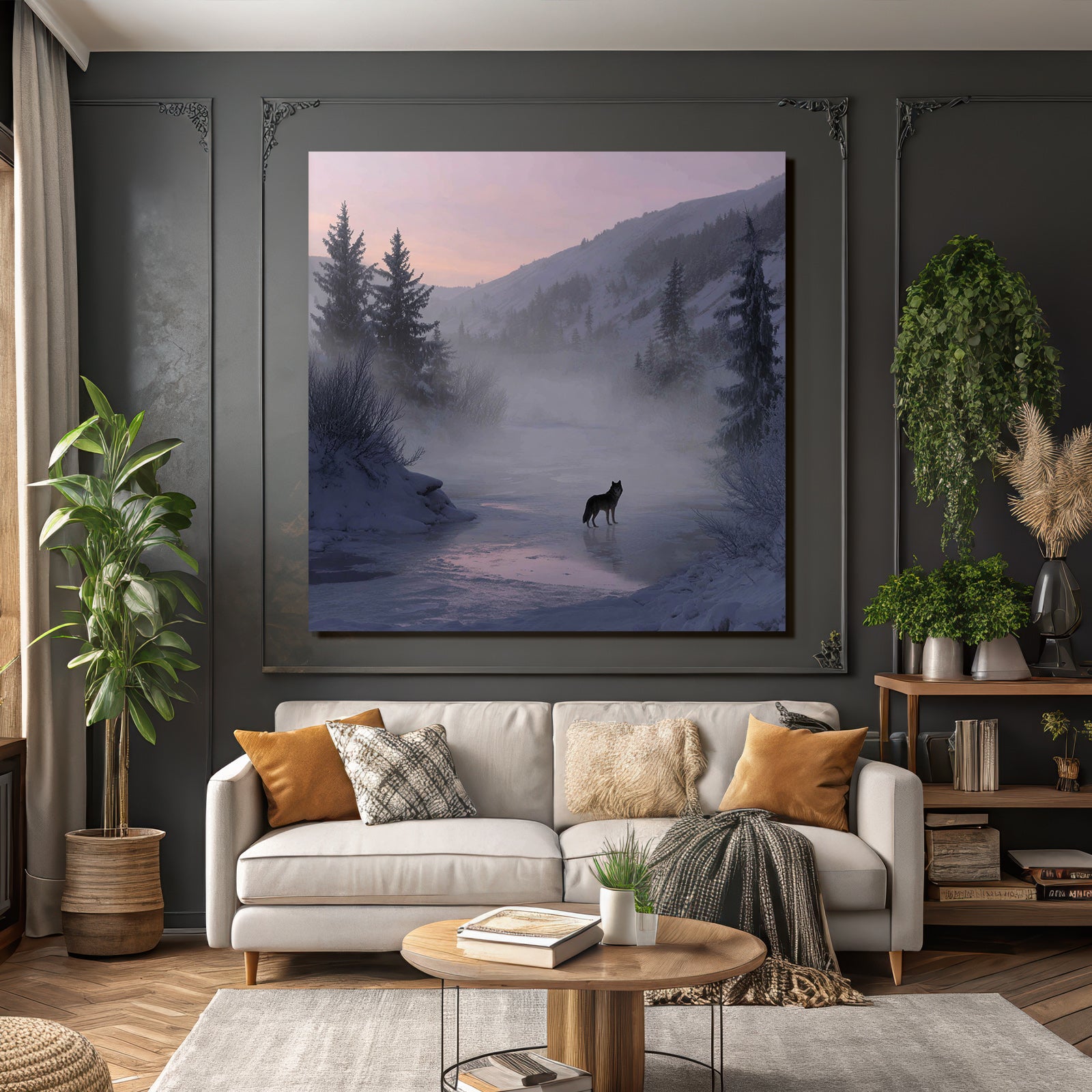 Winter Lone Wolf In Winter Landscape With Misty Mountains And Pine Trees