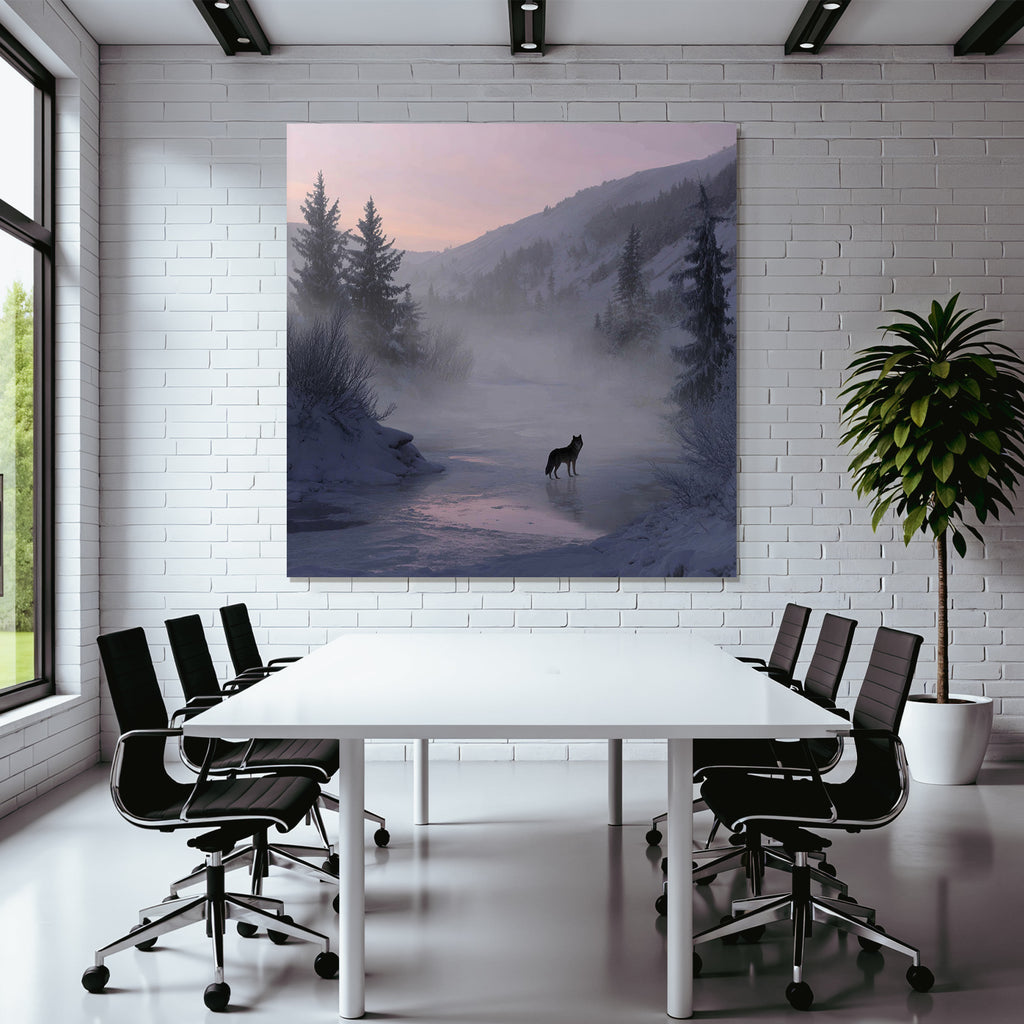 Winter Lone Wolf In Winter Landscape With Misty Mountains And Pine Trees