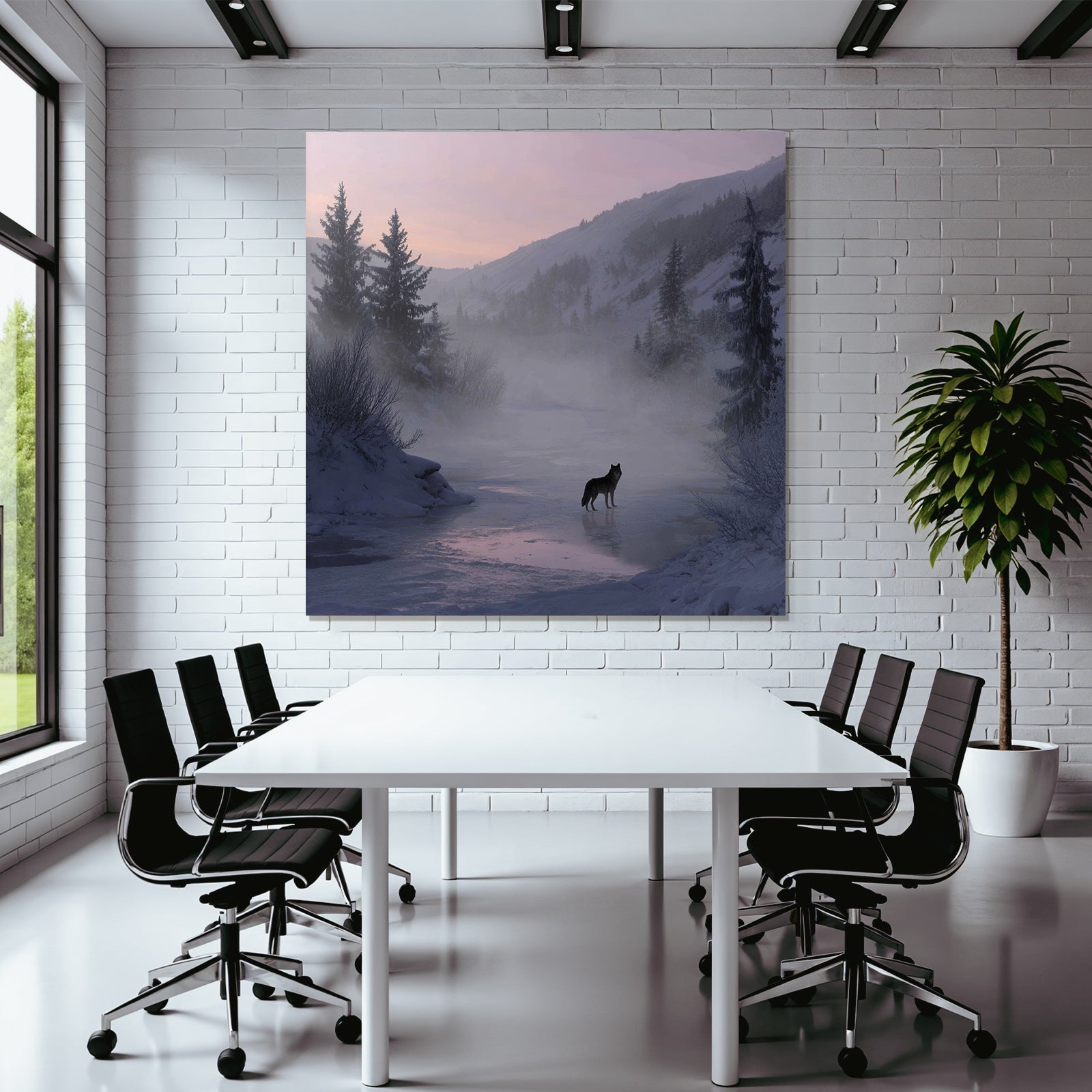 Winter Lone Wolf In Winter Landscape With Misty Mountains And Pine Trees