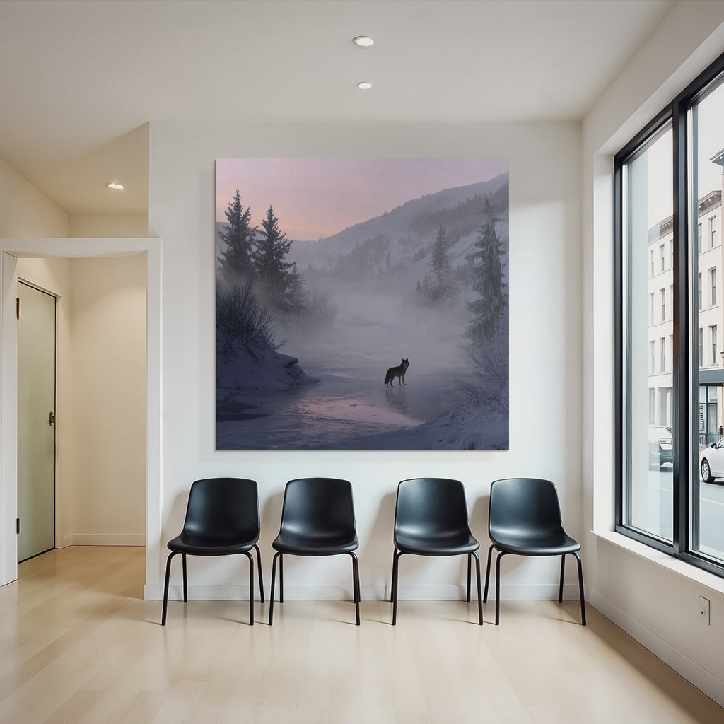 Winter Lone Wolf In Winter Landscape With Misty Mountains And Pine Trees