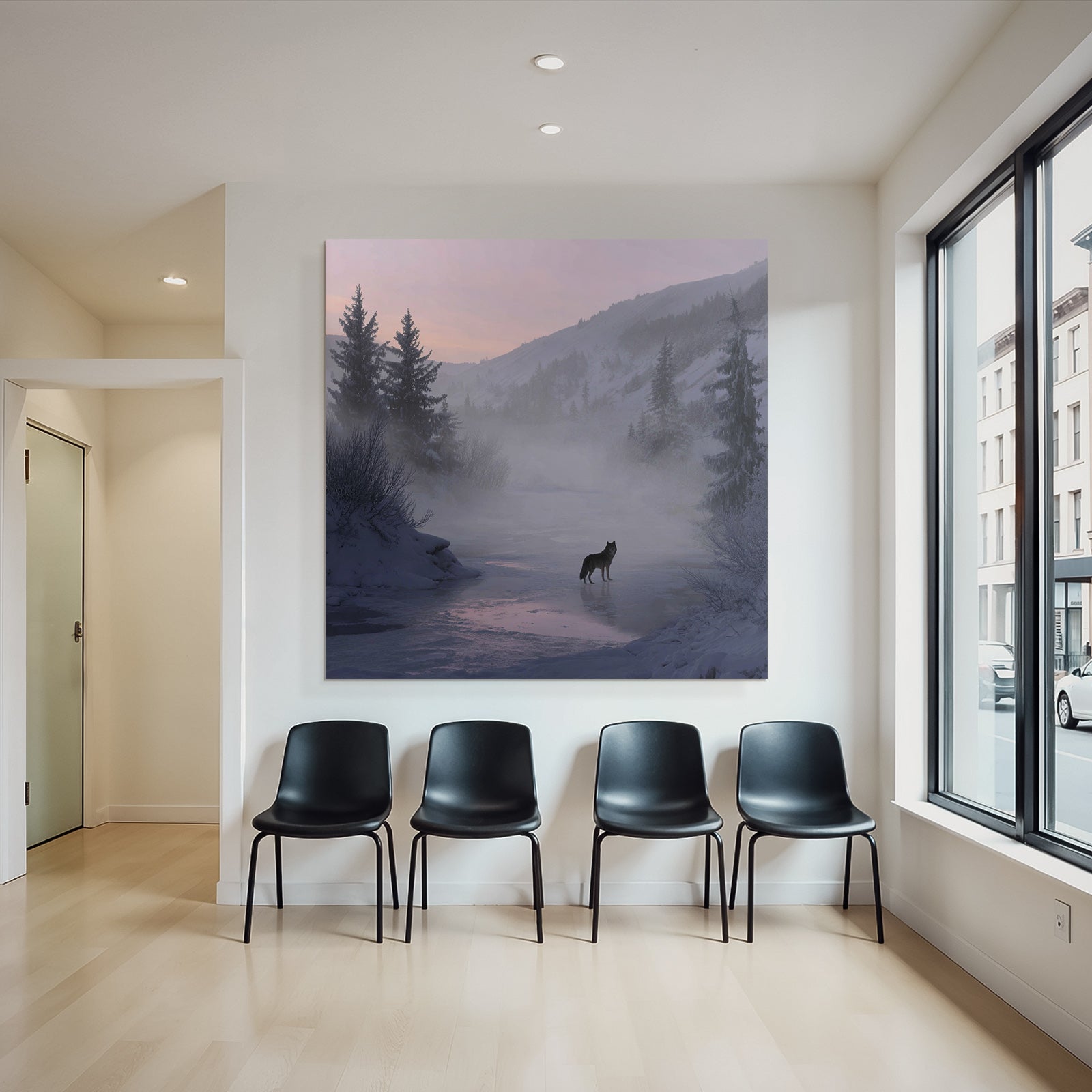 Winter Lone Wolf In Winter Landscape With Misty Mountains And Pine Trees