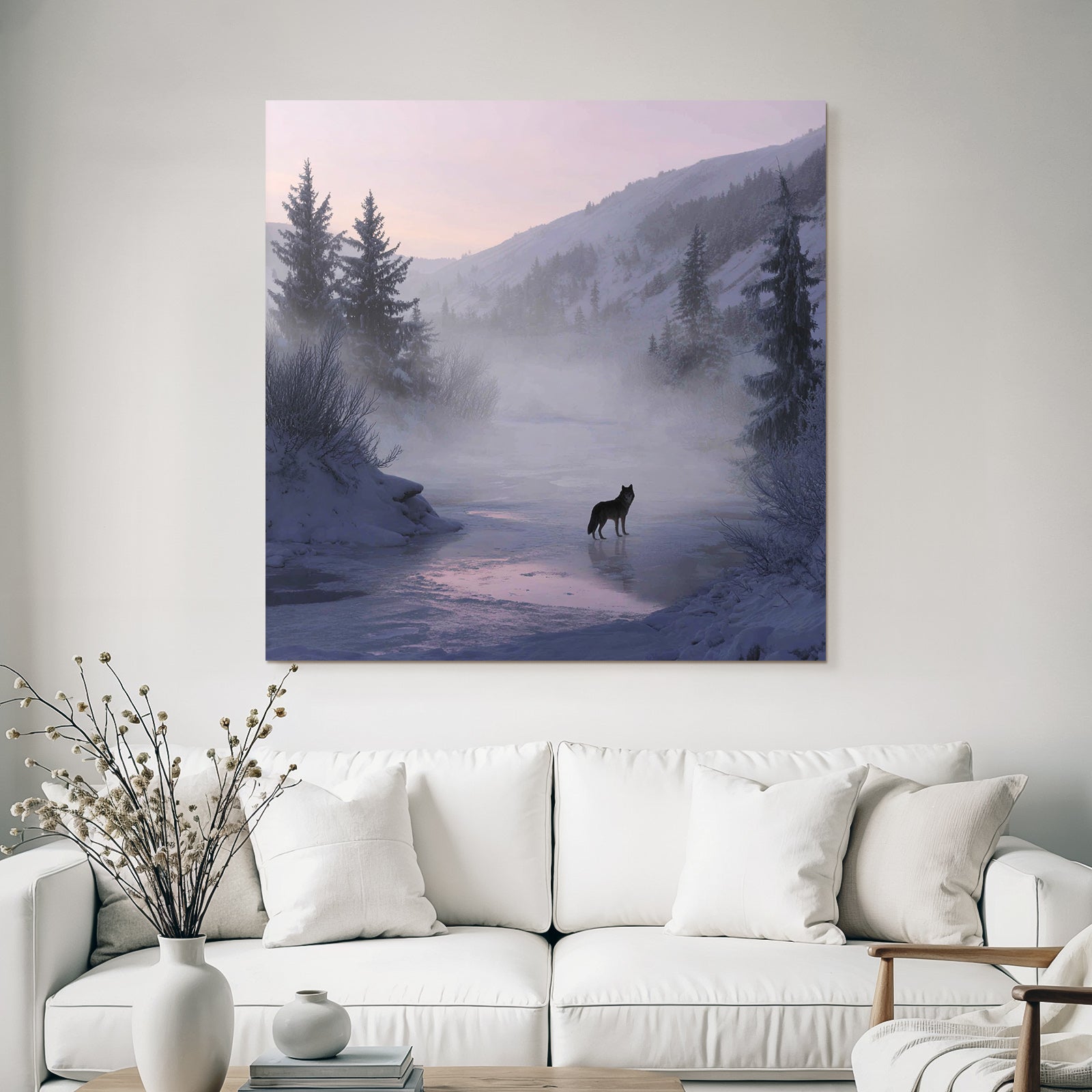 Winter Lone Wolf In Winter Landscape With Misty Mountains And Pine Trees