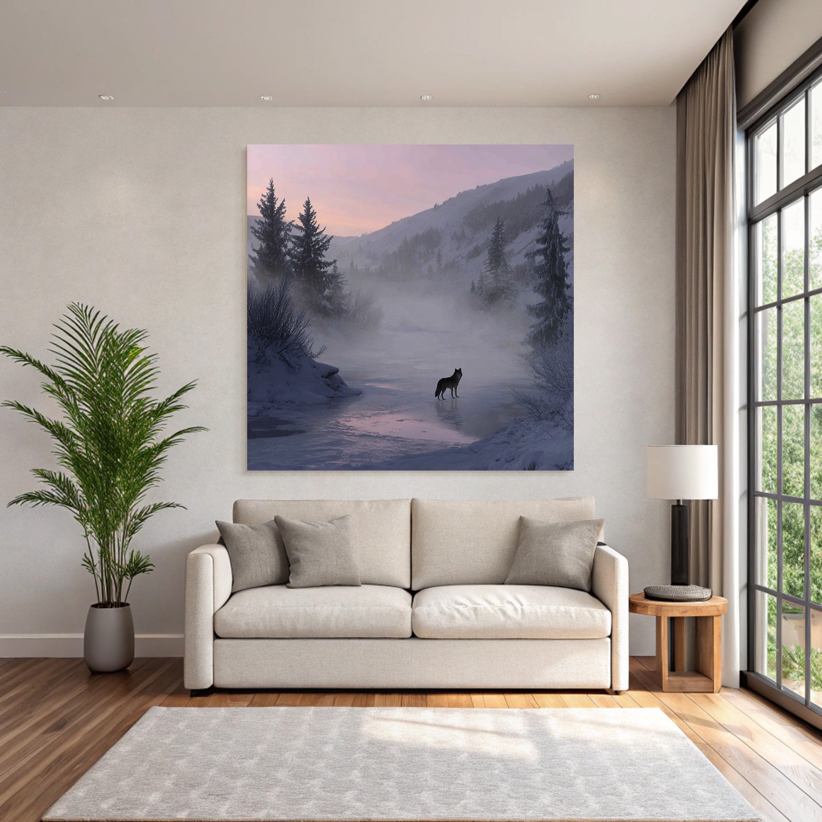 Winter Lone Wolf In Winter Landscape With Misty Mountains And Pine Trees