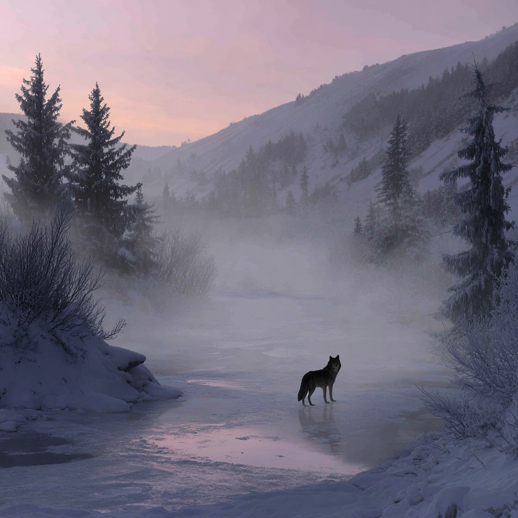 Winter Einsamer Wolf Im Winterlandschaft Mit Mistigen Bergen Und Pine Bäumen | Winterlandschaften | Landschaften
