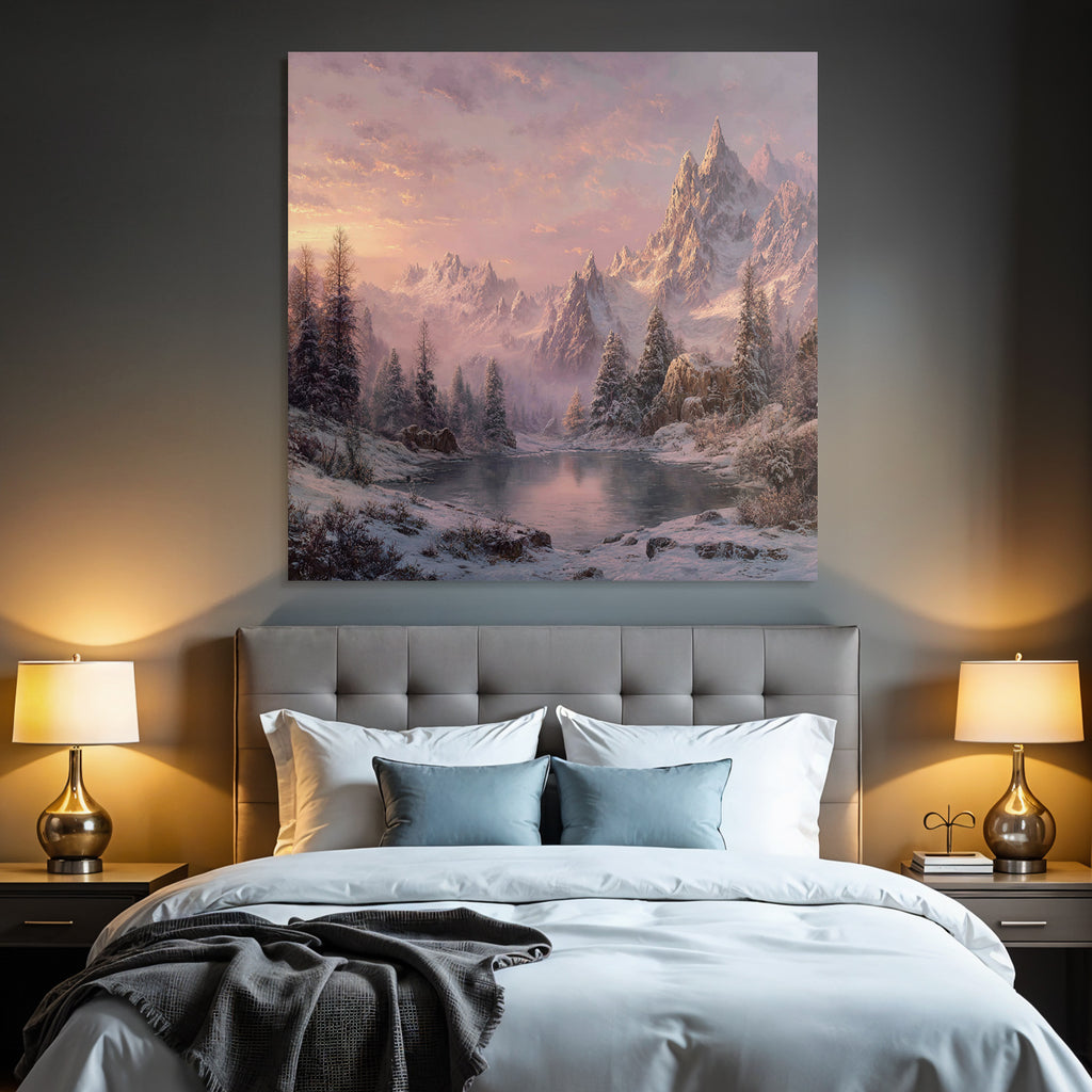 Winter Peaceful winter landscape with snow-capped mountains and calm water