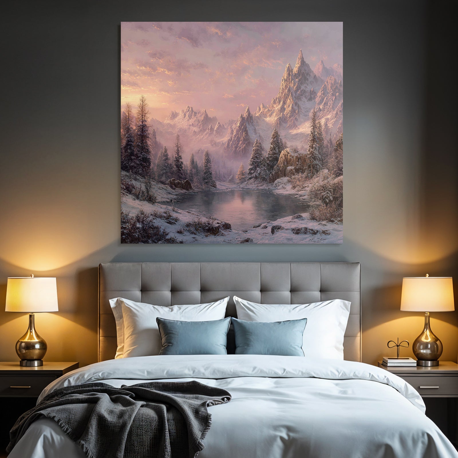 Winter Peaceful winter landscape with snow-capped mountains and calm water