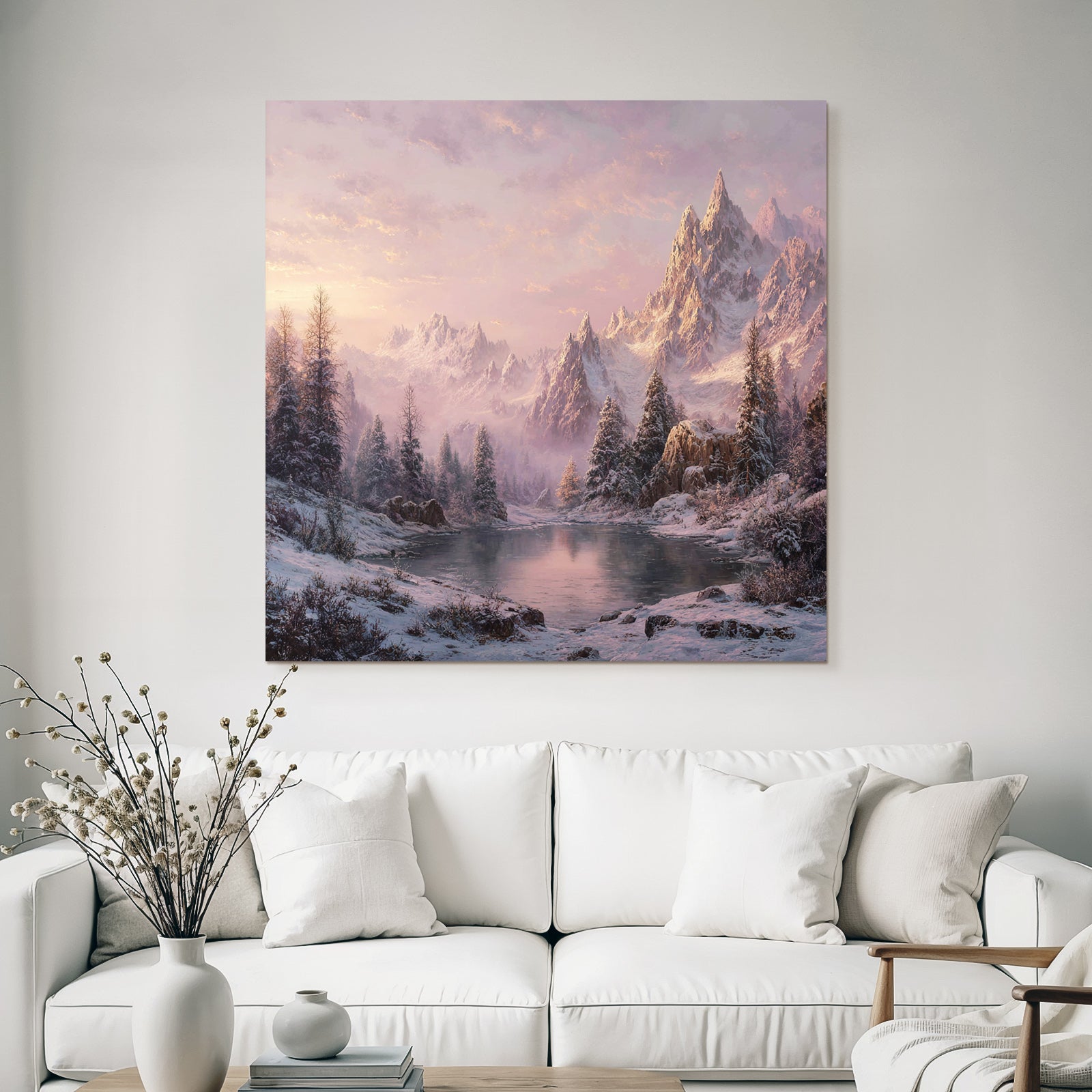 Winter Peaceful winter landscape with snow-capped mountains and calm water