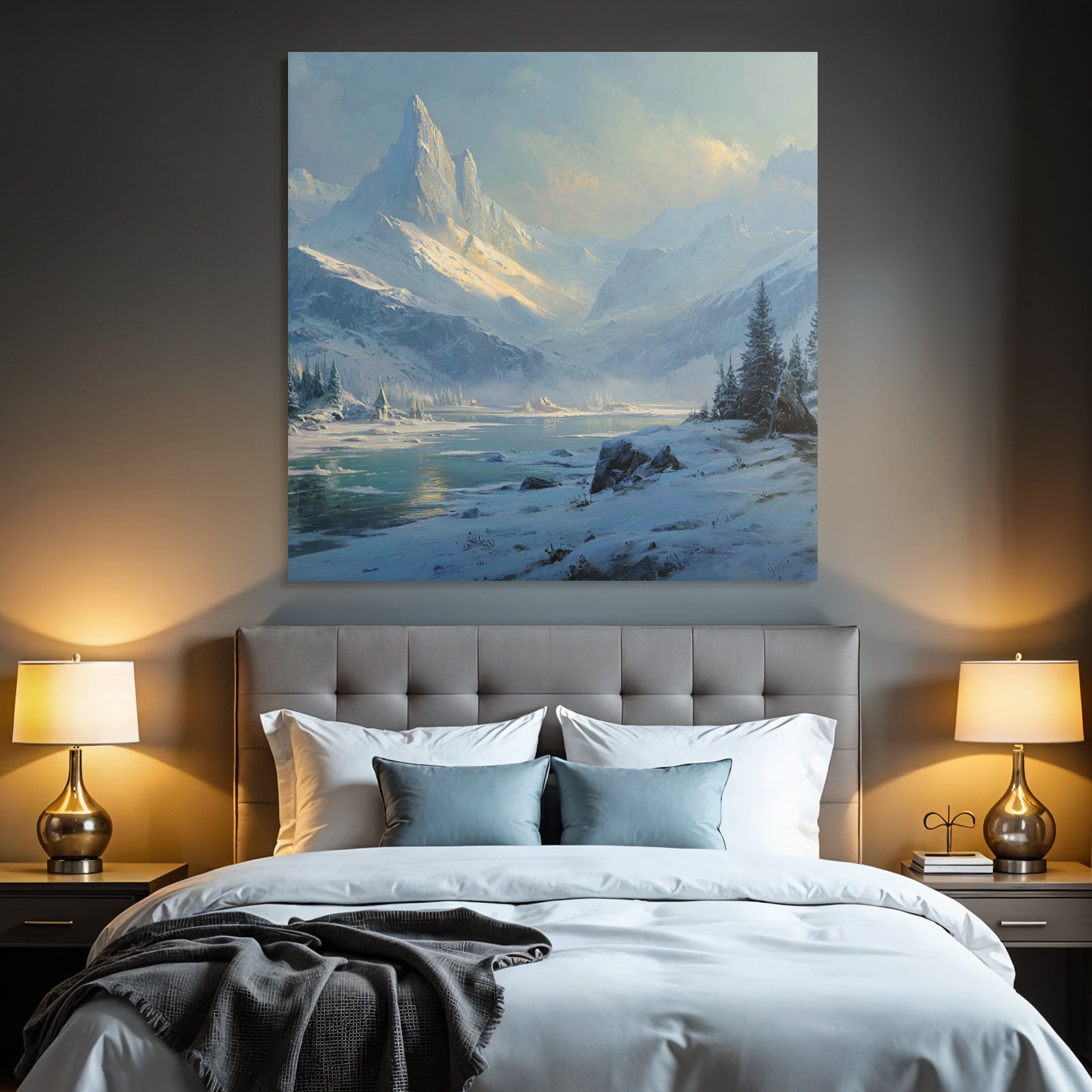 Winter Peaceful winter scene with snow-capped mountains, river and fir trees