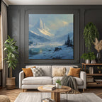 Winter Peaceful winter scene with snow-capped mountains, river and fir trees