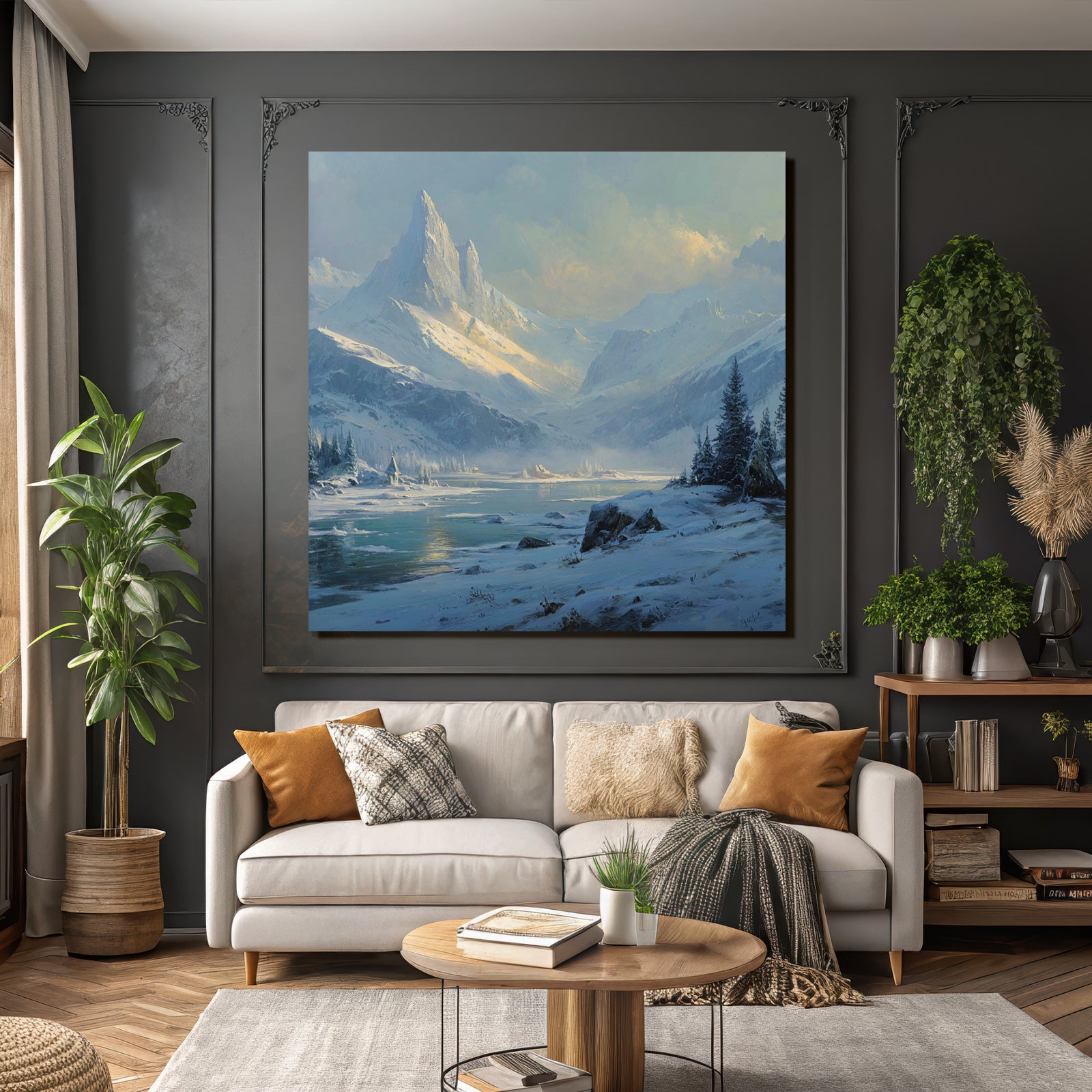 Winter Peaceful winter scene with snow-capped mountains, river and fir trees