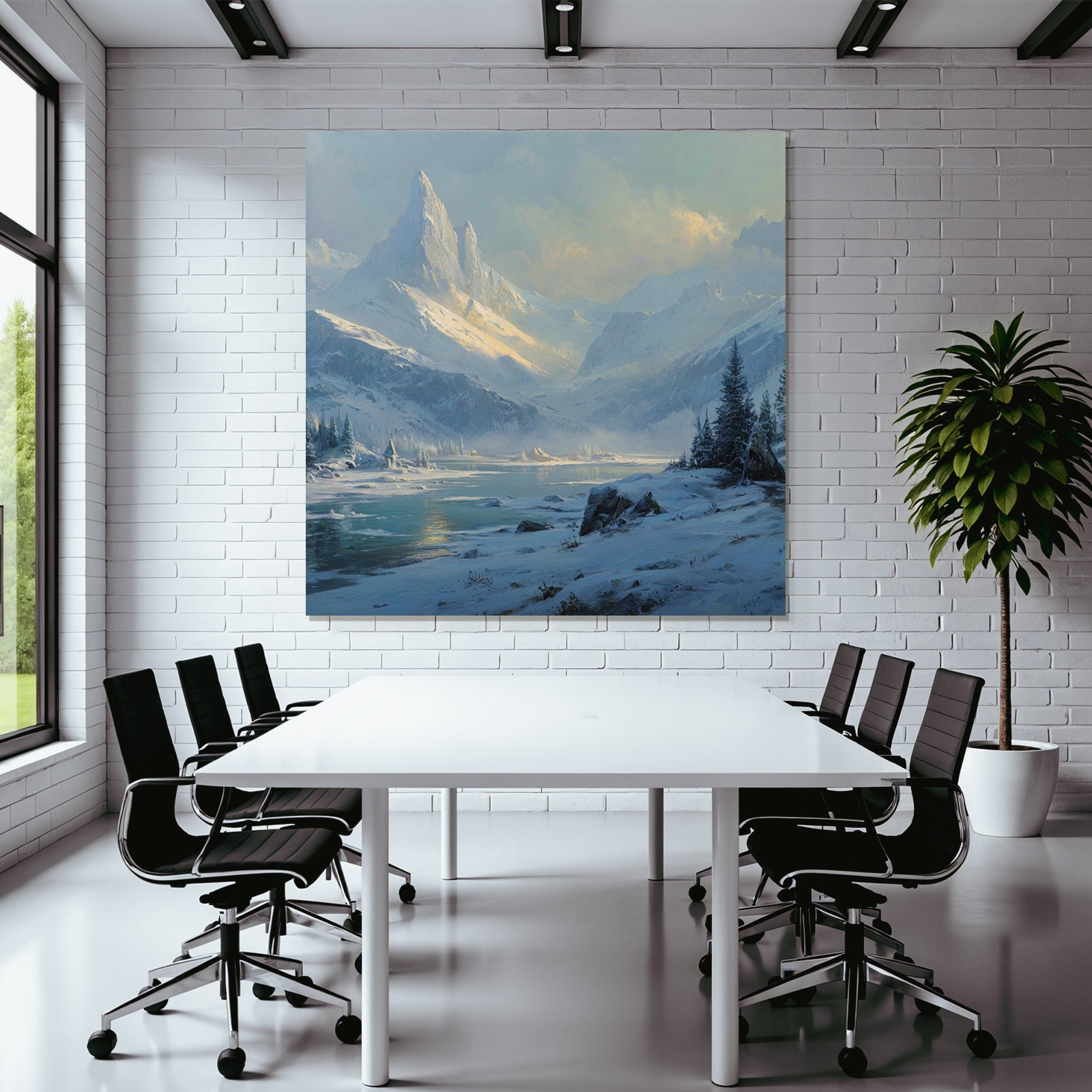 Winter Peaceful winter scene with snow-capped mountains, river and fir trees