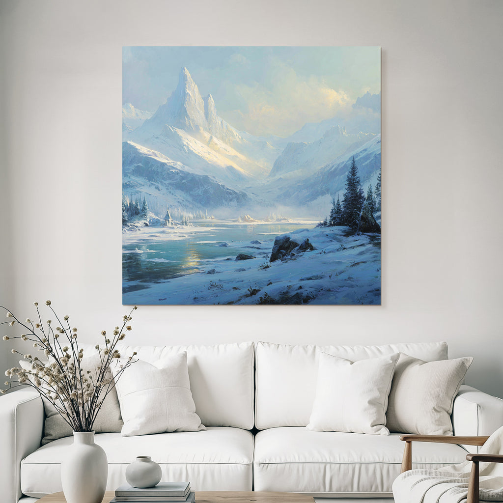 Winter Peaceful winter scene with snow-capped mountains, river and fir trees