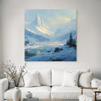 Winter Peaceful winter scene with snow-capped mountains, river and fir trees