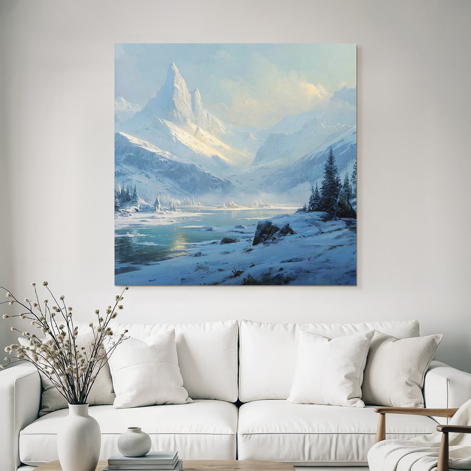 Winter Peaceful winter scene with snow-capped mountains, river and fir trees