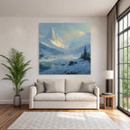 Winter Peaceful winter scene with snow-capped mountains, river and fir trees