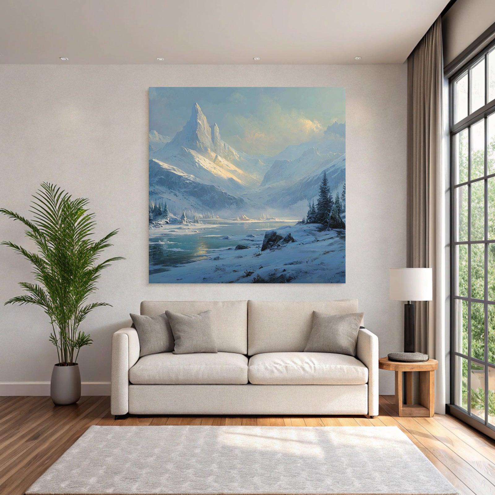 Winter Peaceful winter scene with snow-capped mountains, river and fir trees