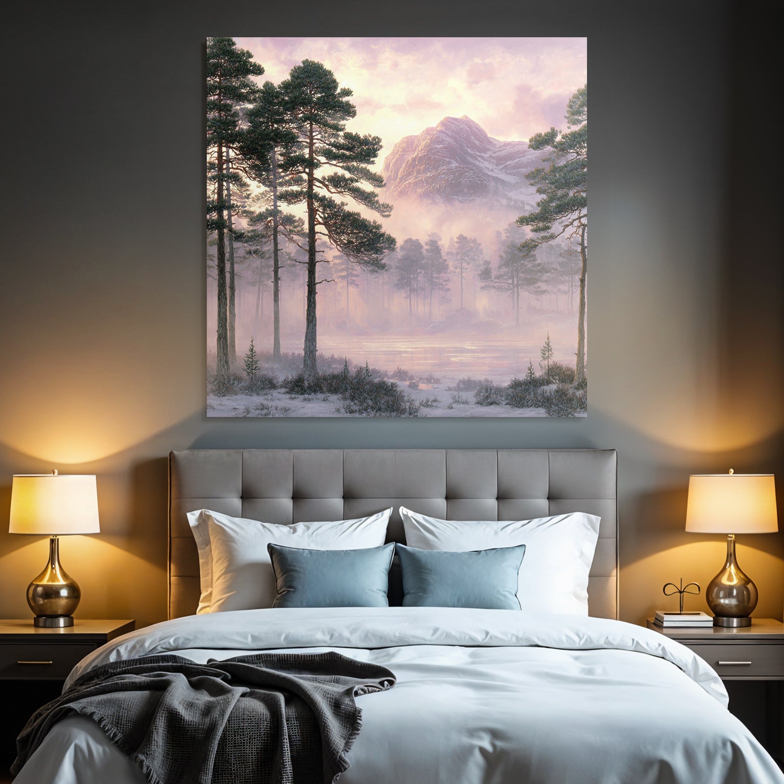 Winter tranquil country landscape with fir trees and mountain in the background