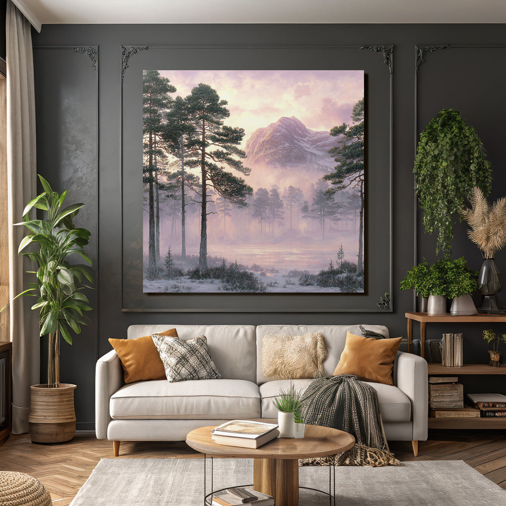 Winter tranquil country landscape with fir trees and mountain in the background