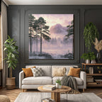 Winter tranquil country landscape with fir trees and mountain in the background