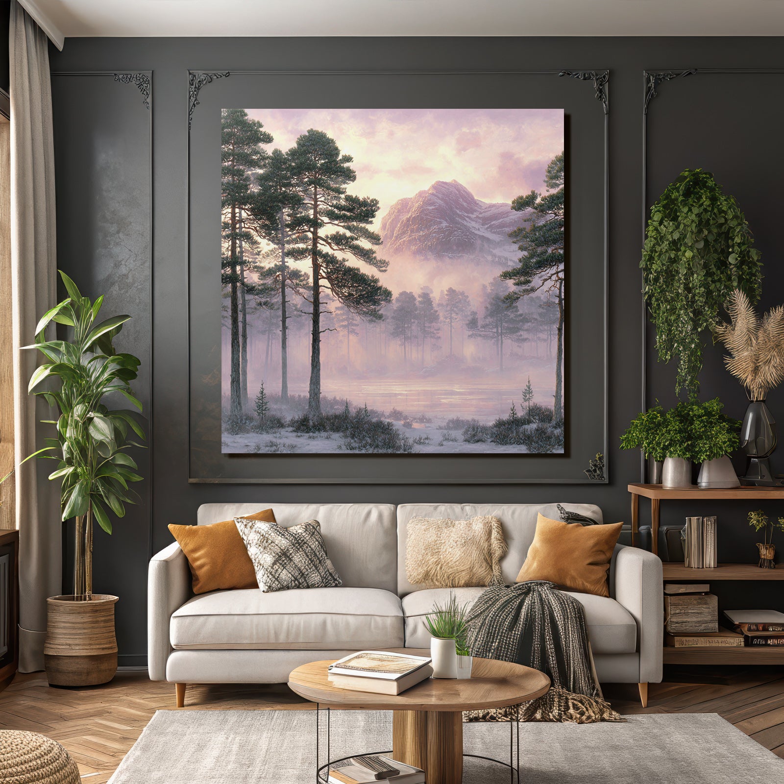 Winter tranquil country landscape with fir trees and mountain in the background